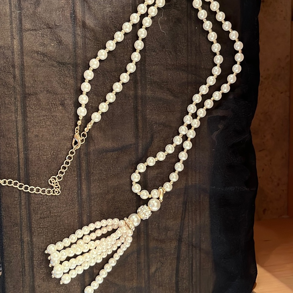 Long faux pearl necklace with crystal accents